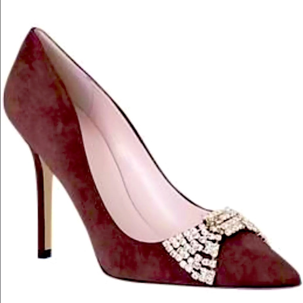 Kate Spade Lissie Hangisi Bow Burgundy Suede  Leather Point Toe Heels Rhinestone